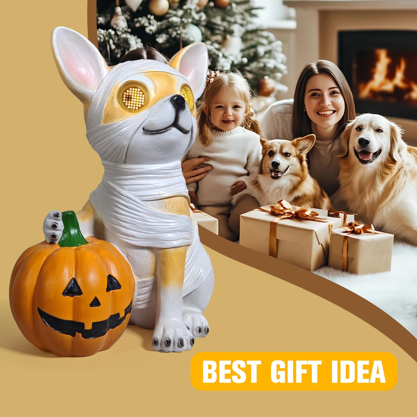 QOCNAM Halloween Decorations, Halloween Dog Statue Holding Pumpkin, with 360°Rotating Glowing Eyes and Solar Power,Outdoor Dog Statue for Front Door Porch, Yard, Lawn, Garden &Spooky Gifts