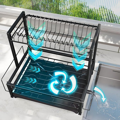Simple Trending Dish Rack Over the Sink, Dish Drying Rack for Kitchen Counter, 2-Tier Stainless Steel Dish Drainer, Black
