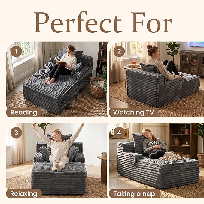 Boneless Chaise Lounge Couch Indoor, Small Corduroy Upholstered Sleeper Sofa