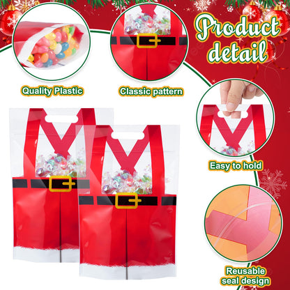 Shemilly 60pcs Christmas Treat Bags,Christmas Plastic Resealable Candy Gift Bag with Handle,Transparent Santa Pants Sealing Goodie Pouch for Xmas Winter Holiday Party Favors Decorations,9X6inch