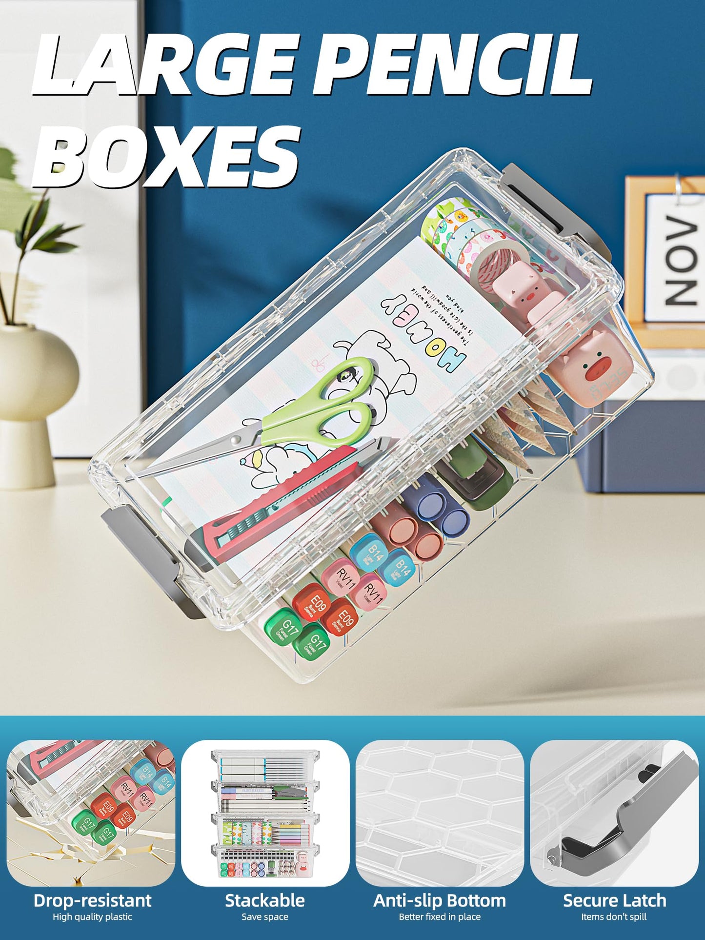 BiuLeon 4 Pack Extra Large Pencil Box, Plastic Pencil Case Organizer, Clear Crayon Box Marker Organizer, Stackable Craft Organizers and Storage for Pen, Craft, Art Supply(Pink)