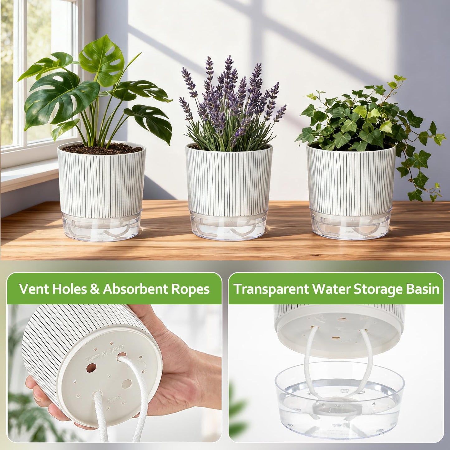 CWYEYE 3 Pack Self Watering Pots Set, 5.5 Inch Self Watering Pots for Indoor Plants, Planter Pot with Wick Rope and Reservoir for African Violet, Spider Plant, Orchid