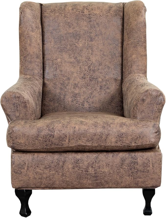 KRFOONN Wing Chair Slipcovers 2 Piece Stretch Leather Look Wingback Chair