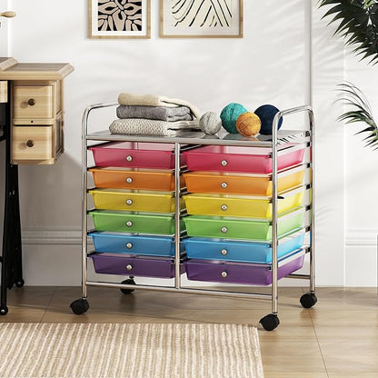 COSTWAY 12-Drawer Rolling Storage Cart, Utility Storage Organizer Cart for Tools, Scrapbook, Paper, Craft, Multipurpose Art Supply Organizer on Wheels for Home Office School, Teacher, Rainbow