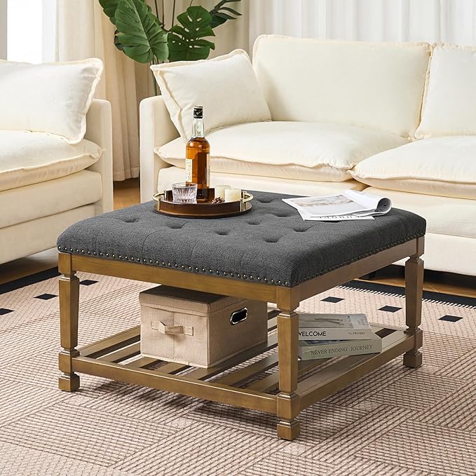 Befurtori Large Square Ottoman Coffee Table, Linen Solid Upholstered Footrest