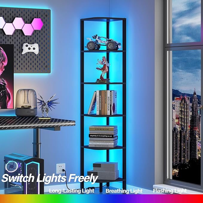 TUTOTAK Corner Shelf with LED Light, 6-Tier Corner Bookshelf