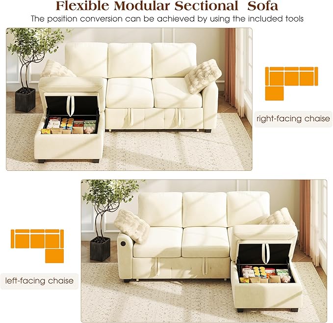 Ihanherry Modular Convertible Sectional Sofa Bed, Reversible Chaise & Storage