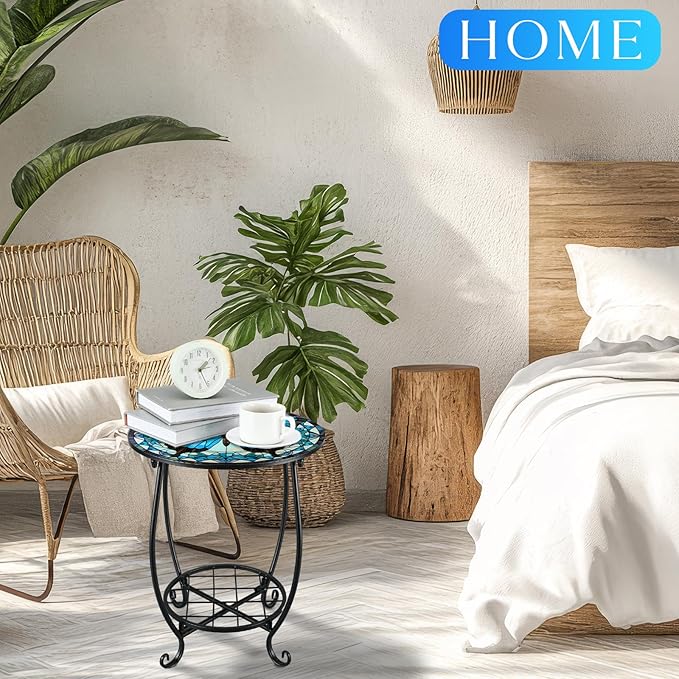 Cinnvoice Outdoor Side Table Round Small Mosaic Patio Accent Indoor End Plant