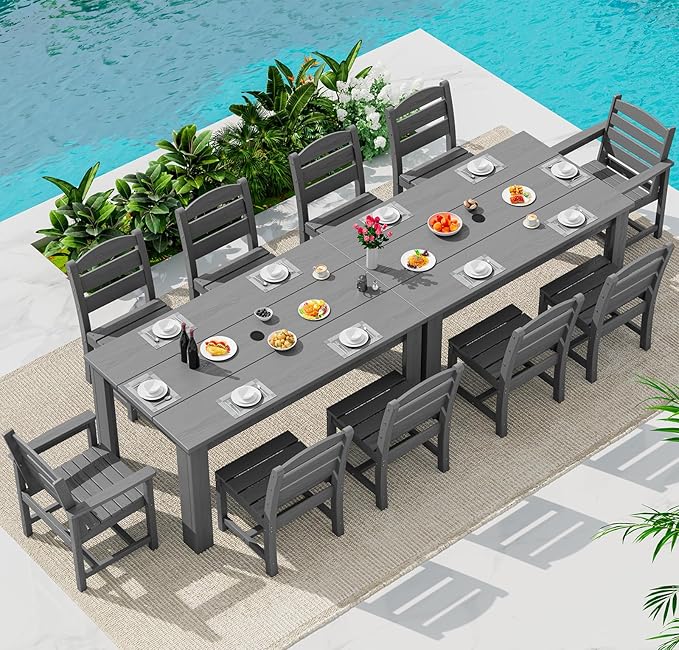 SERWALL HDPE Dining Set for 10 – 2 Tables, 8 Armless + 2 Armchairs. Includes 10