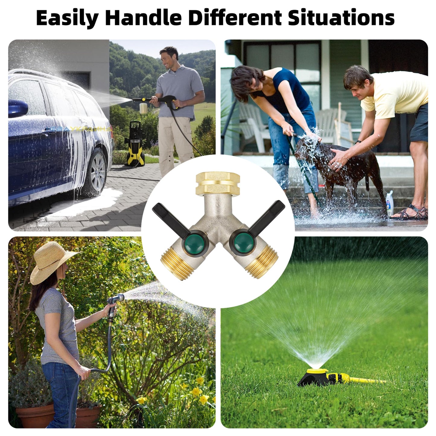 DINGBAI Hose Splitter 2 Way Heavy Duty, Brass Garden Hose Splitter, Faucet 2 Way hose connector, long handle 2 Way Splitter, Outdoor Faucet Splitters, Y Valve 3/4" GHT Thread.
