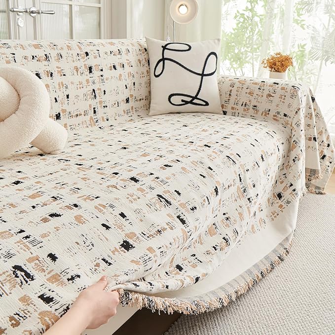 DREAMINGO Abstract Chenille Couch Cover Blanket Beige Khaki Black Boho Sofa
