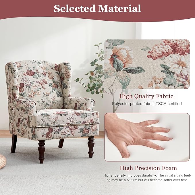 HUIMO Printed Wingback Accent Chair, Linen Upholstered High Back Armchair