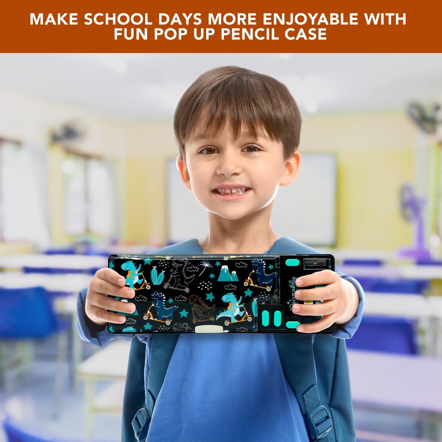 Decorably Pop Up Multifunction Dinosaur Pencil Case with Calculator for Boys, with Sharpener, Pen Slots, Mini Drawer and 2 Main Compartments with Magnetic Closure - Back to School Gift for Kids
