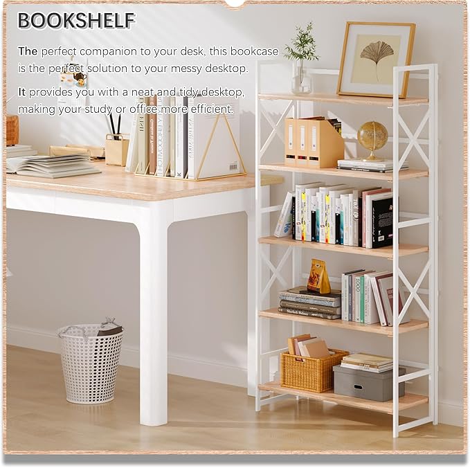 4NM 5 Tiers No Assembly Book Shelves, 51.2" H Folding Bookshelf Bookcase Open