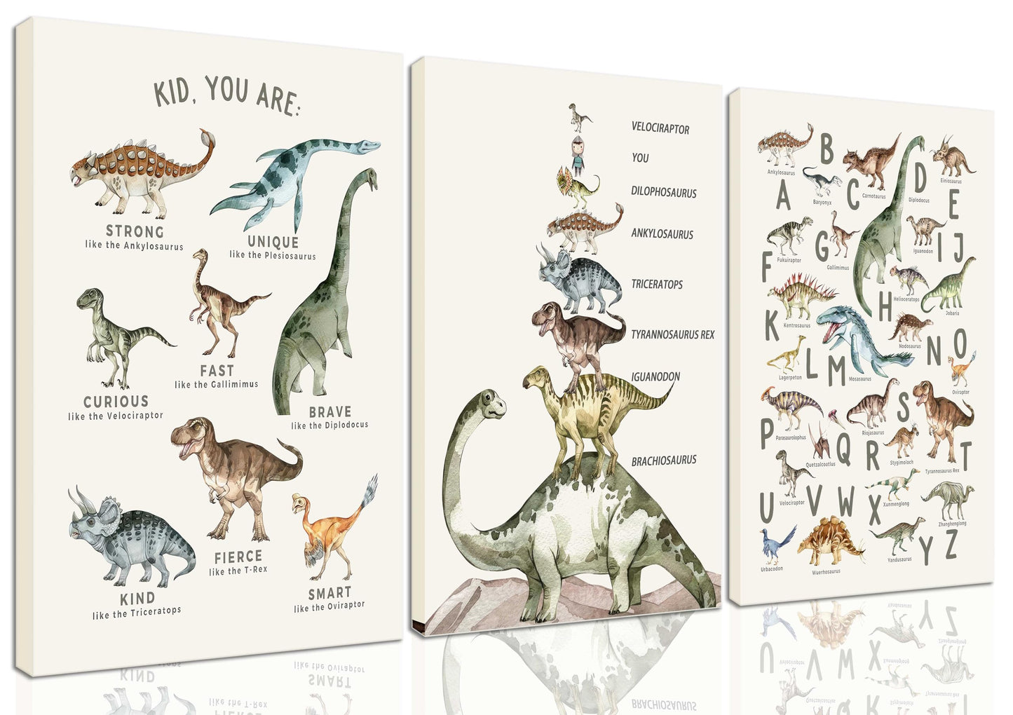 3Pcs Kids Dinosaur Species Canvas Wall Art Dinosaur Alphabet Painting Boys Room Wall Decor Tyrannosaurus Encyclopedia Educational Posters Prints Teen Cool Pictures for Home Classroom Nursery Framed