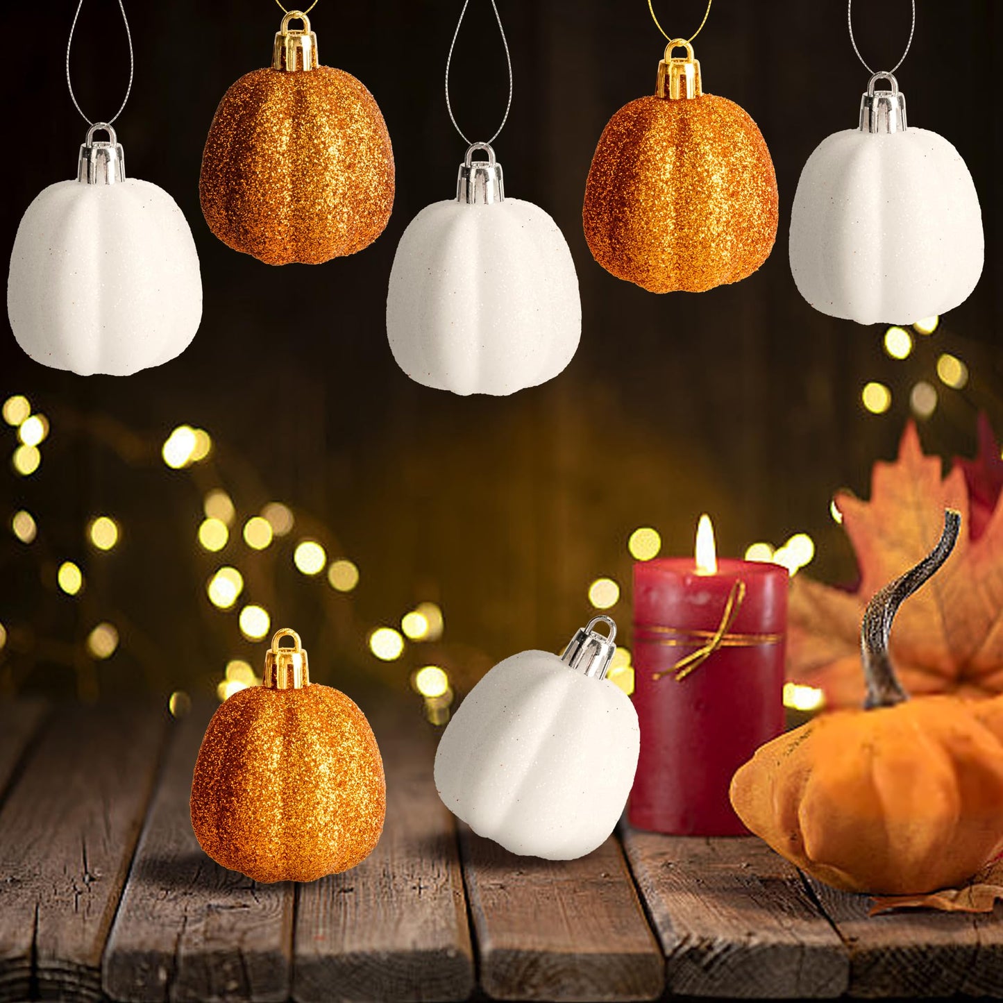 16 Pcs Fall Thanksgiving Pumpkin Hanging Ornaments- 2.2" x 1.8" Glitter Fall Pumpkin Tree Ornaments- Shatterproof Farmhouse Rustic Hanging Pumpkins Decoration for Autumn Thanksgiving Xmas Home Decor