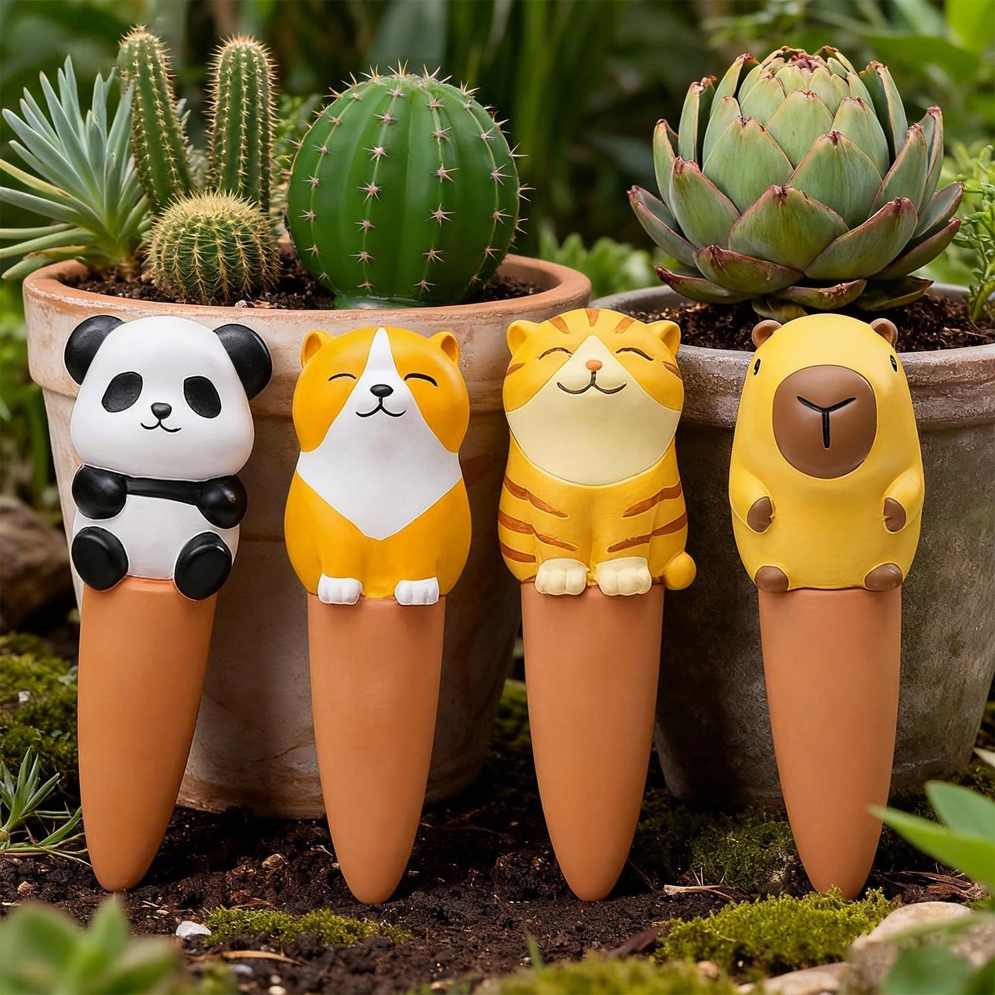 MCleanPin 4 Pack Plant Watering Spikes and Globes Handmade Terracotta Self-Watering Planter Insert Automatic Plant Waterer Devices for Indoor Outdoor Plants (Animal Paradise)