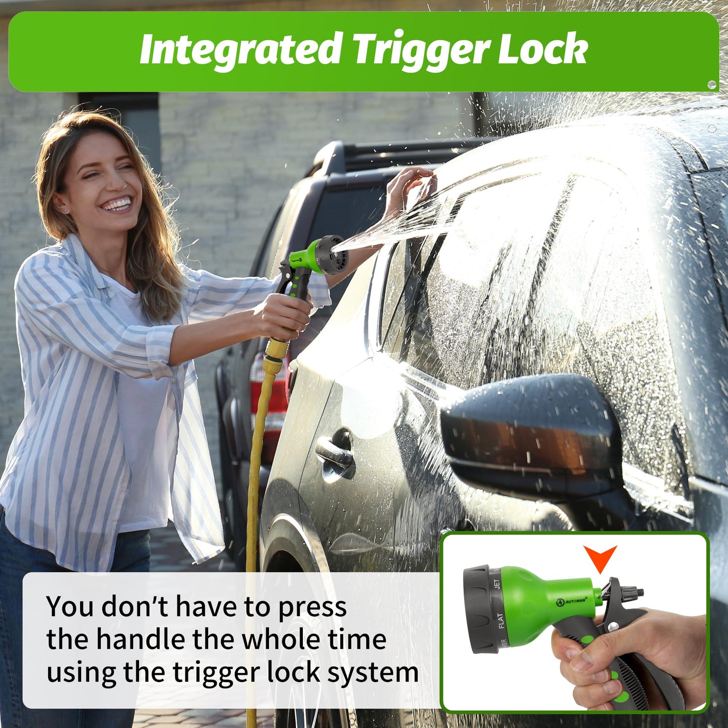 AUTOMAN-Garden-Hose-Nozzle,ABS Water Spray Nozzle with Heavy Duty 7 Adjustable Watering Patterns,Slip Resistant for Watering Plants,Lawn& Garden,Washing Cars,Cleaning,Showering Pets - Green