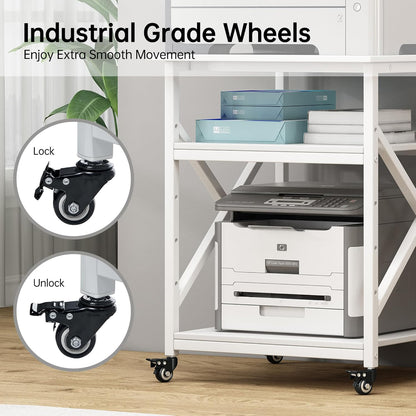 Large Printer Stand with Height Adjustable Storage Shelf, 23.6 x 23.6 Inches Square Printer Table with Industrial Wheels, Multi-use 3 Tier Rolling Printer Cart for Home Office - White
