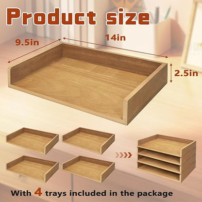 Prolee Stackable Paper Tray,Wooden Paper Organizer for Desk with 4 Letter Trays,Papers Holder and Office Document Organizer Shelf for Mail File Document(Oak,14" x 9.5" x 2.5")