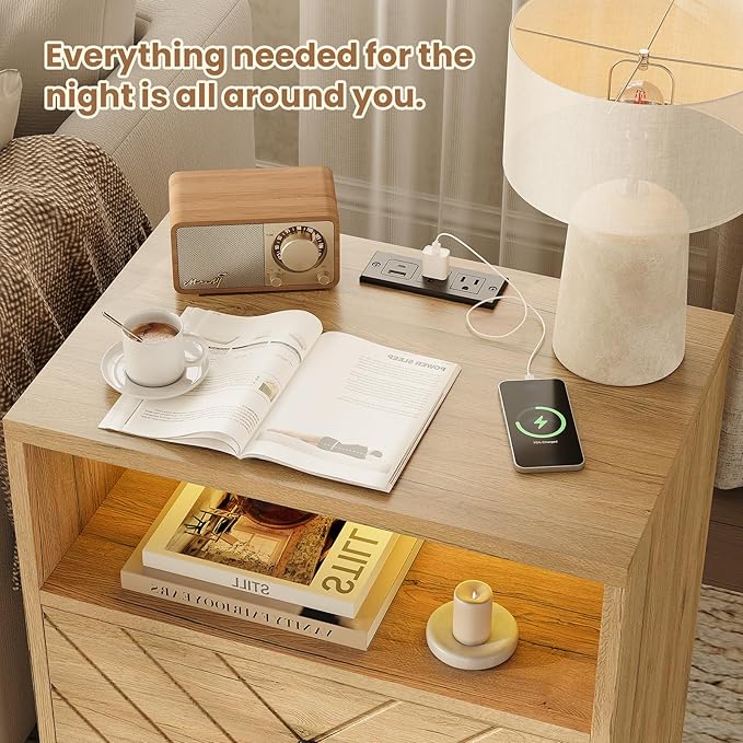 Modern Nightstand with Charging Station, LED Bedside Table with 2 Storage