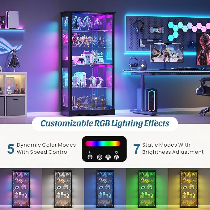 Dystler Display Cabinet with Glass Doors, LED Display Case with Removable Shelf