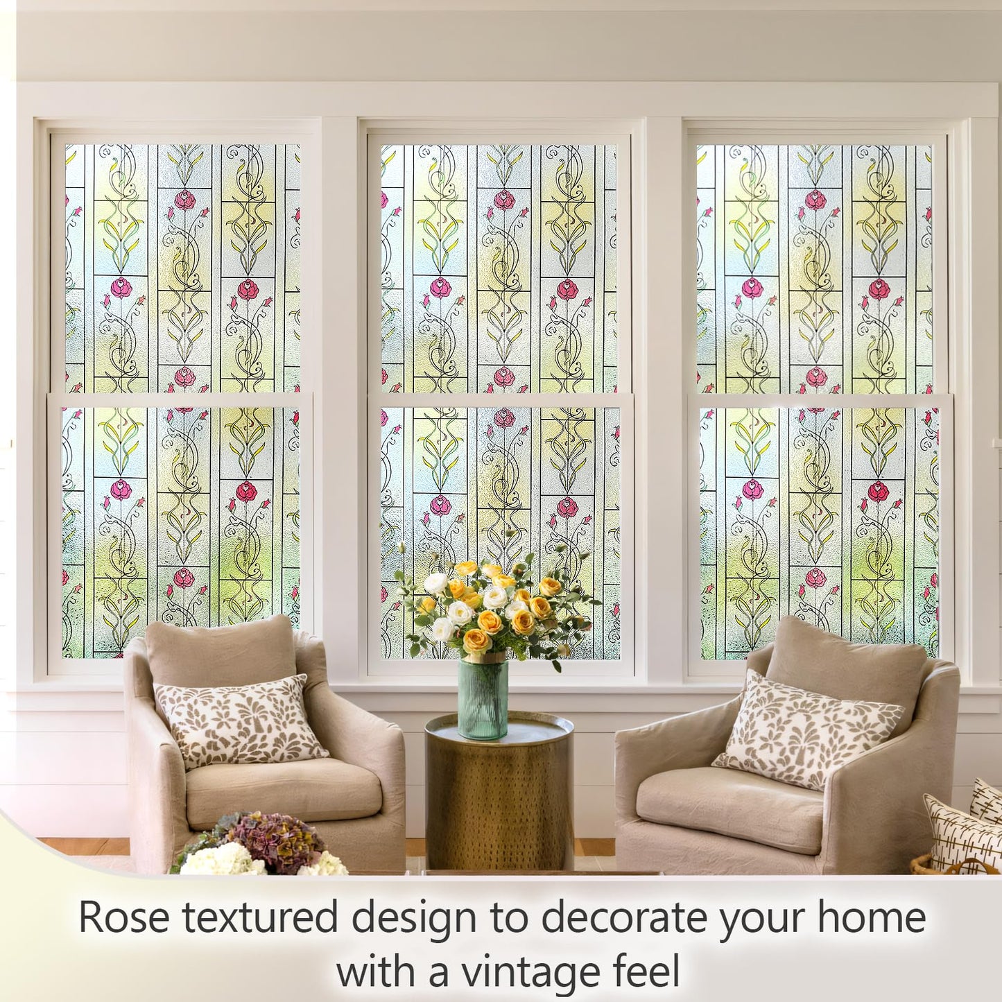KESPEN WINDOW FILMS Window Privacy Film Stained Glass Frosted Glass Films Decorative Window Film with Rose Flower Static Cling Non-Adhesive Stickers Heat Control for Home, 17.5 Inch X 6.5 Feet