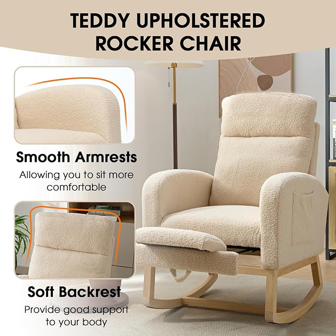 NIOIIKIT Modern Nursery Rocking Chair, Teddy Upholstered Rocking Chair