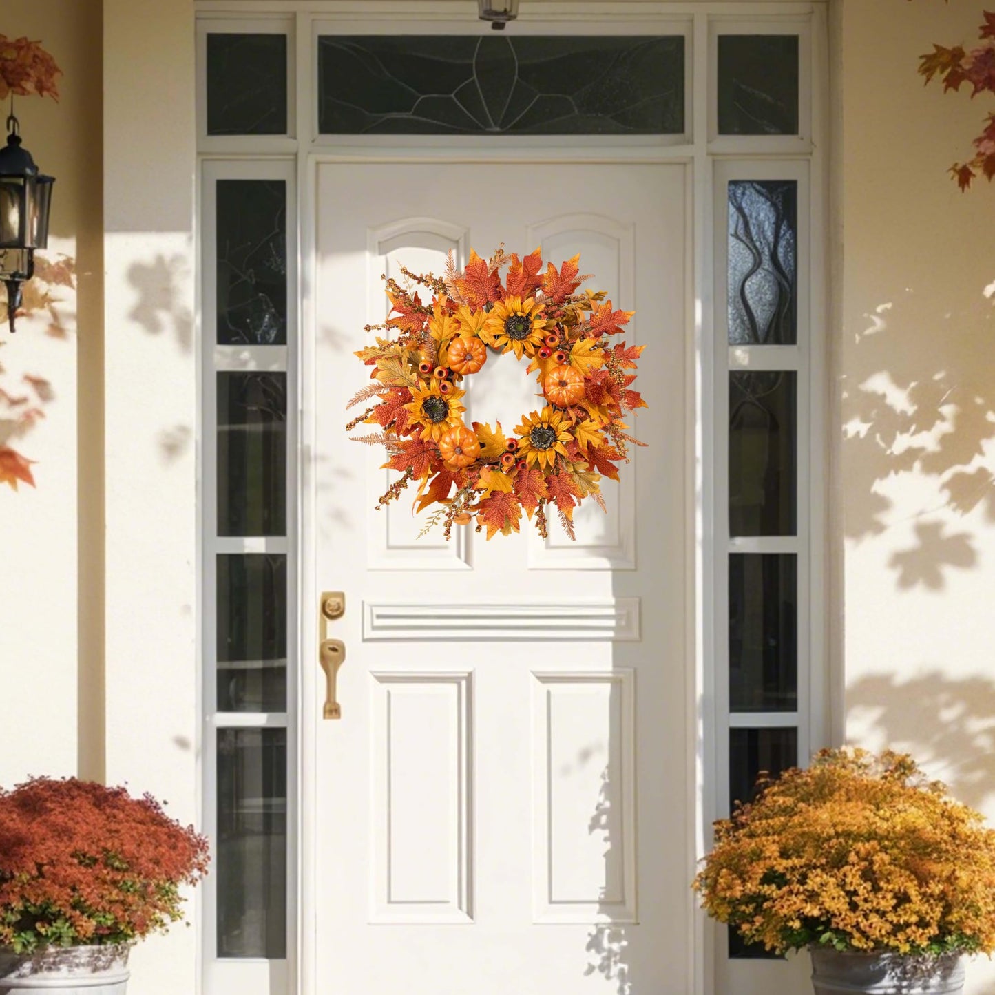zjlmit Fall Wreaths for Front Door 24 Inch Fall Wreath with Pumpkins Sunflowers Maple Leaves and Orange Red Berries Autumn Wreath for Farmhouse Porch Thanksgiving and Harvest Festival Parties