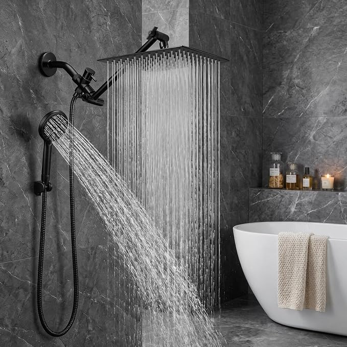 Shower Head 10‘’ High Pressure Rainfall Shower Head/Handheld Shower Combo with 11'' Extension Arm, 9 Settings Anti-leak Head with Holder, Height/Angle Adjustable, Chrome, Matte Black