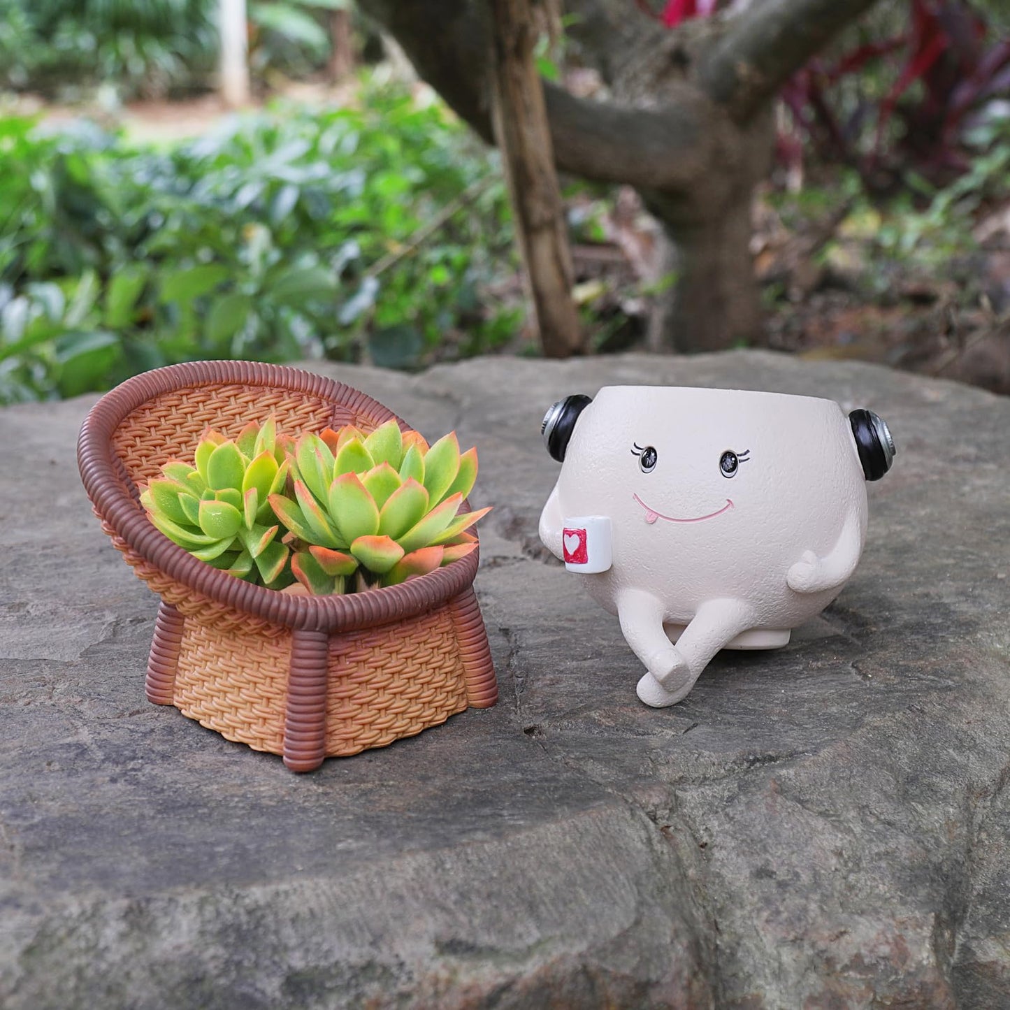 Self Watering Planter Pot Cute Resin Flower Head Planters for Indoor Outdoor Handmade Smily Face Pot Unique Cane Chair Succulent Pots with Drainage Gift Ideal for Mother and Appreciation Christmas