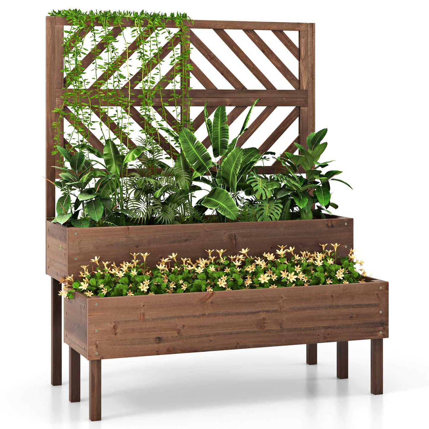 Toolsempire Raised Garden Bed with Trellis & 2 Planter Boxes, 2-Tier Outdoor Wooden Elevated Planter Box with Legs & Drainage Holes, Gardening Planters for Flowers, Herbs, Vegetables & Fruits(Brown)