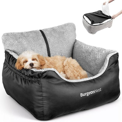 BurgeonNest Dog Car Seat for Small Dogs, Soft Pet Car Travel Home Bed Under 25 lbs, Fully Detachable and Washable Cat Booster Carseats with Storage Pockets and Clip-On Leash Portable Carrier,Black