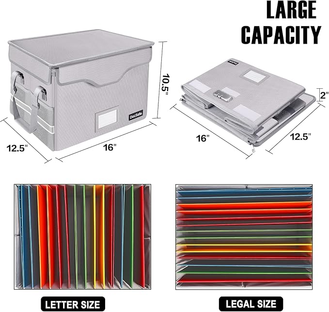 DocSafe Fireproof Document Box with Lock,File Storage Organizer with Zipper Pockets,Collapsible Portable File Box Home Office Safe Filing Cabinet with Handle for Hanging Letter/Legal Folder,Silver