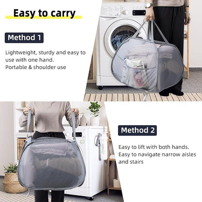 Collapsible Laundry Basket, 90L Foldable Pop-up Laundry Hamper with Handles, Square Mesh Dirty Clothes Hamper for Laundry, Bathroom, Kids Room, Dorm,Travel or Camping (Beige)