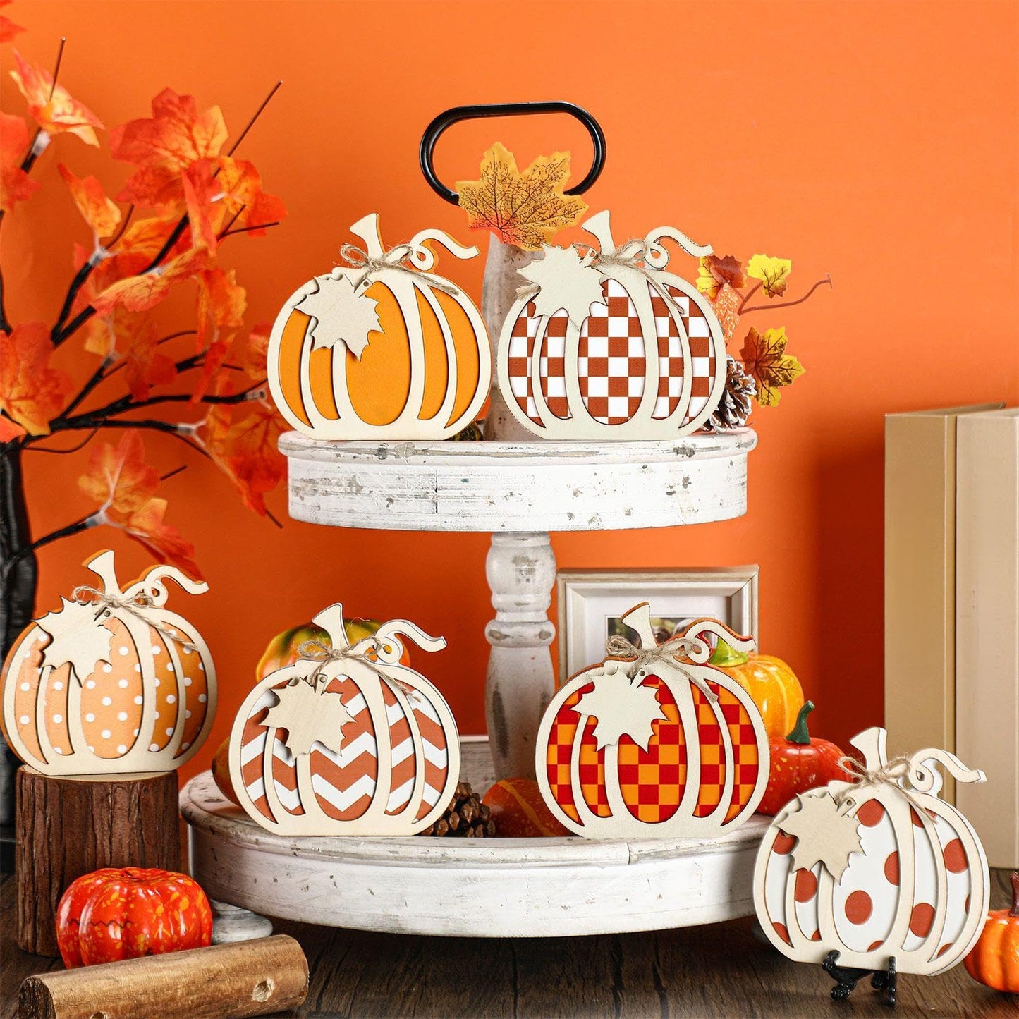 6 Pcs 3D Pumpkin Tabletop Signs Fall Wooden Pumpkin Signs Thanksgiving Harvest Pumpkin Table Block Fall Plaid Wood Standups Fall Thanksgiving Tiered Tray Decorations Pumpkin Centerpieces for Home