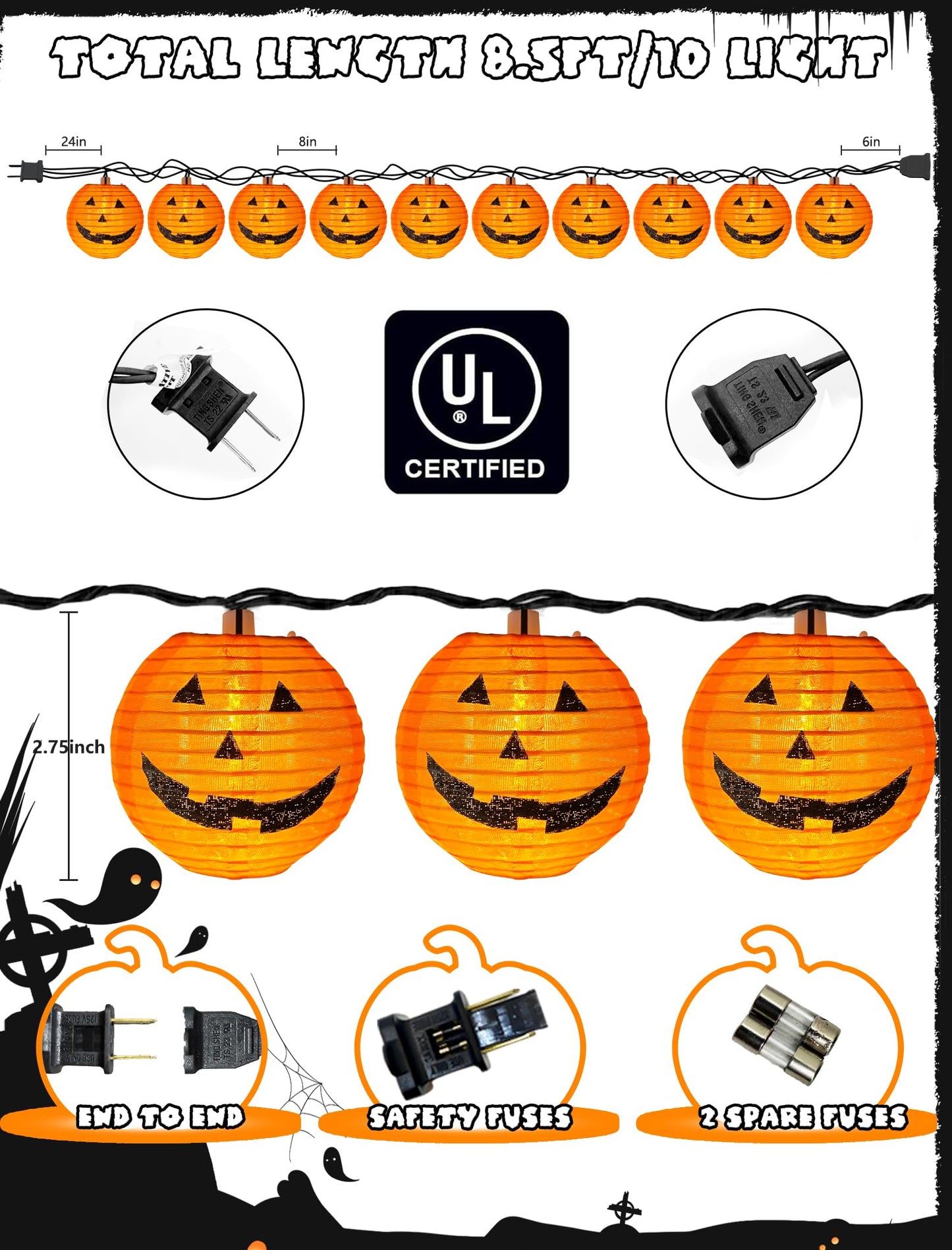 8.5Ft Halloween Pumpkin Lantern String Lights Outdoor, Orange Halloween Decorations String Lights with 10 Mini Jack O Lanterns Lights, Plug in Pumpkin Lantern Lights for Indoor Party Patio Garden