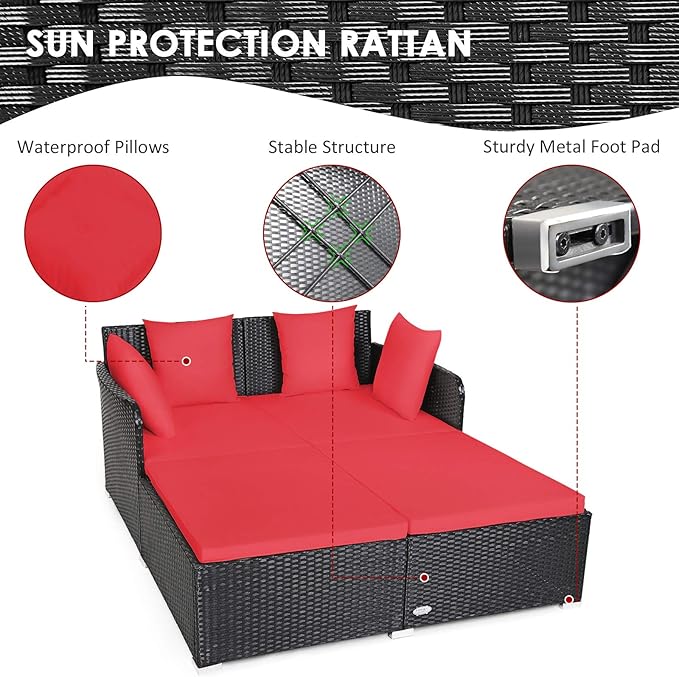 COSTWAY Outdoor Patio Rattan Daybed, Sponge Cushioned Loveseat Sofa