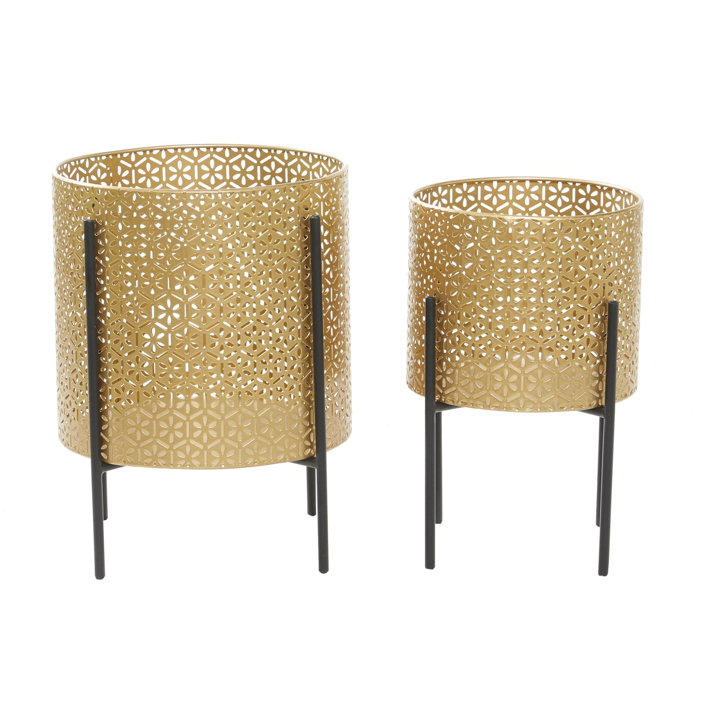 CosmoLiving by Cosmopolitan Metal Indoor Outdoor Planter Floral Cutout Small Planter Pot with Removable Stand, Set of 2 Planters 15", 14"H, Gold