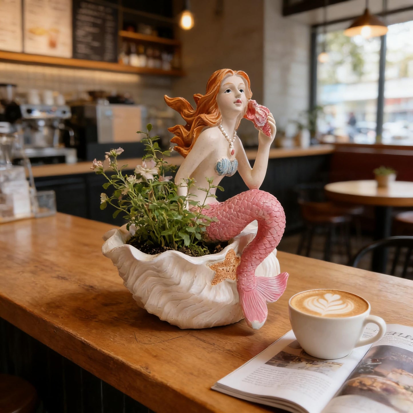 KARSTSYLVA Mermaid Resin Planter Statue, Conch Base Succulent Flower Pot for Home Garden Nautical Decor (Pink)