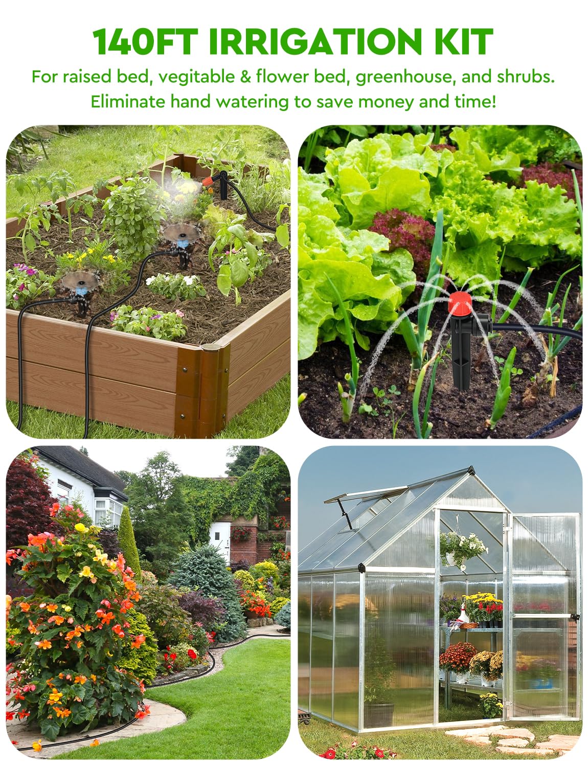 Landtouch Drip Irrigation System, 40FT 1/2" Mainline & 100FT 1/4" Tubing, with Adjustable Drip Emitters Misting Sprinkler, Efficient Sprinkler System Kit for Flower Bed, Raised Bed, Greenhouse, Lawn