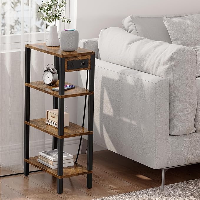 TUTOTAK Narrow Side Table with Charging Station, Small End Table with USB Ports