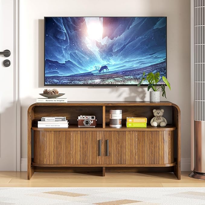 Small TV Stand for Bedroom, Low Fluted TV Console for 40 43 Inch, Mid Century
