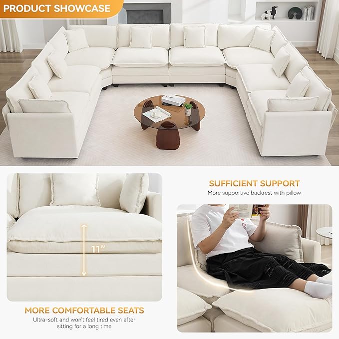 147'' Oversized U Shaped Cloud Sectional Sofa, Chenille Deep Seat Couches