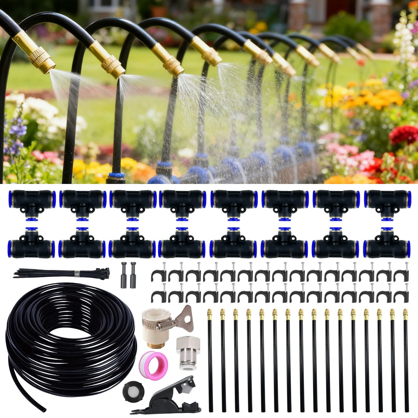 360° Adjustable Drip Irrigation System - 50FT 15/32inch Hose, High Water Flow，No Drying Out，Garden Watering Atomizing System with 16 Copper Nozzles，Suitable for Gardens, patios, Plants, Farms