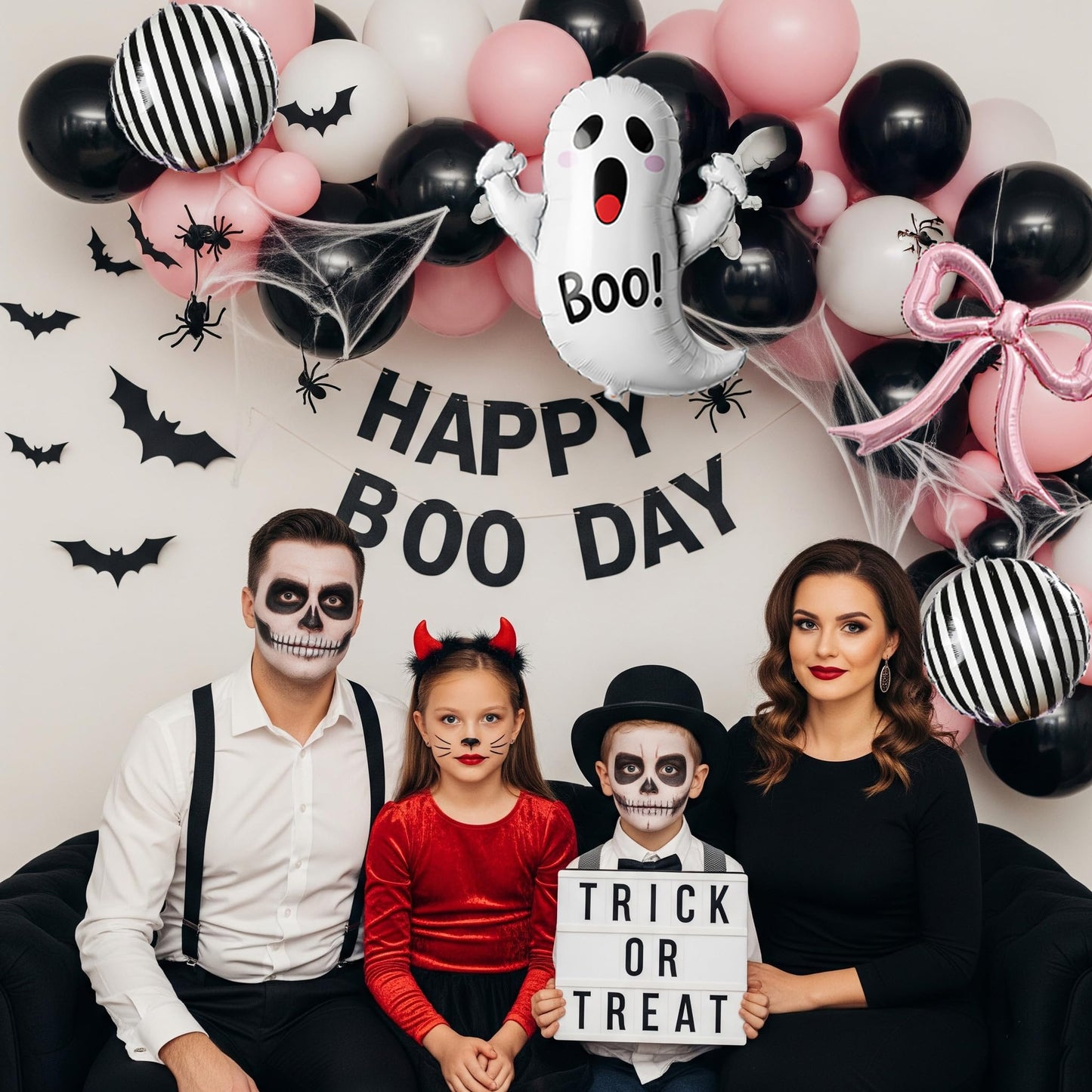 Spooky Halloween Balloon Garland Arch Kit Pink Black Balloons with 3D Bat Ghost Foil Balloons Spider Web for Girls Halloween Birthday Baby Shower BOO Day Party Decorations