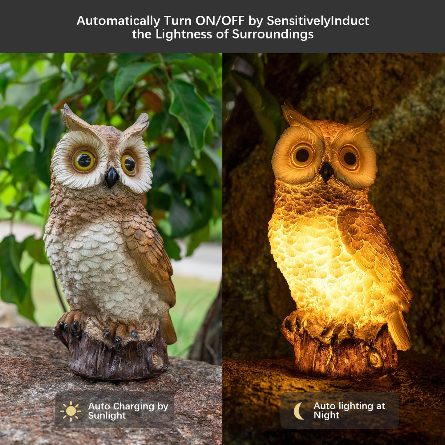 WONDHOME Solar Owl Garden Statues Outdoor Decor Resin Owl Figurine with LED Lights Owl Sculpture for Porch Patio Lawn Yard Decorations Christmas Housewarming Gifts for Women Mom,Brown Owl