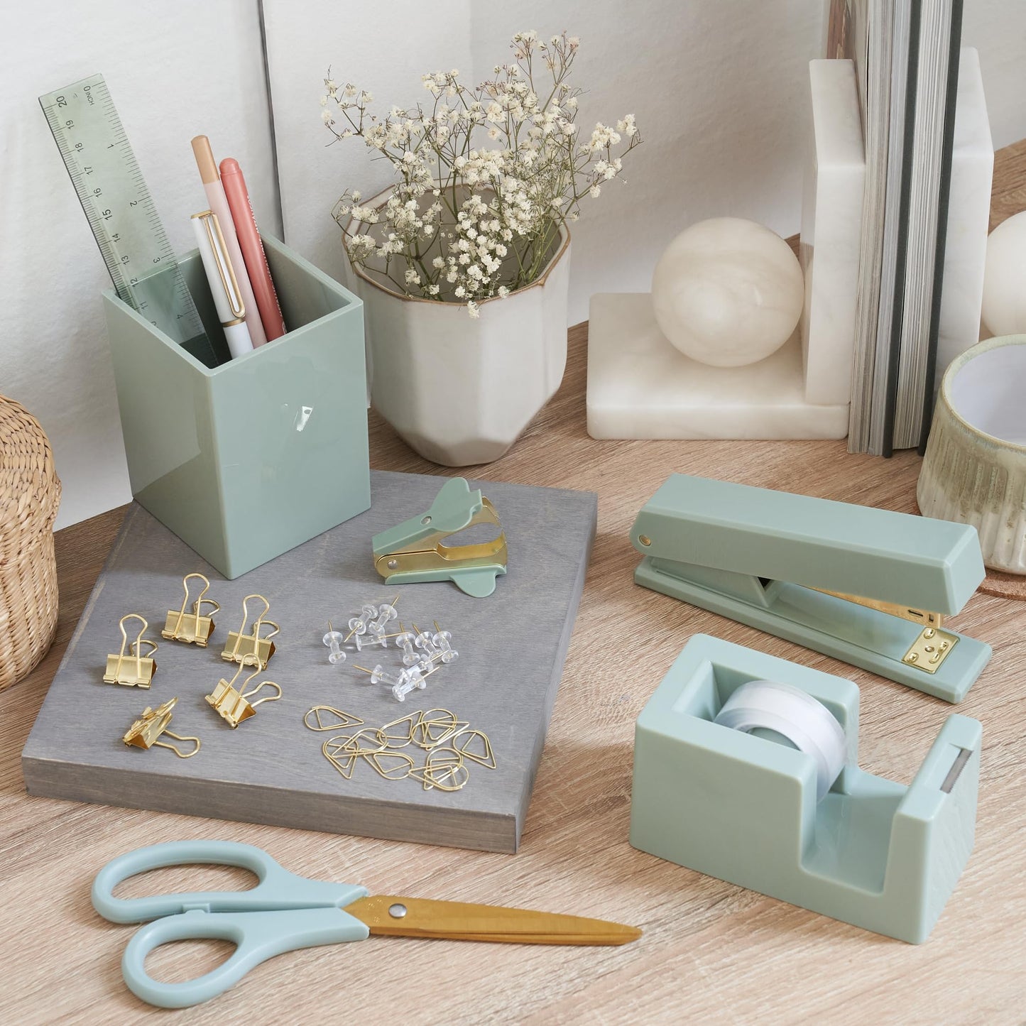Aesthetic Desk Accessories Set - A Complete Desktop Organizer Set For Women Enhances Any Office Decor - An Office Supplies Kit w Gold Finish incl. Pen Holder, Scissors, Stapler, Tape Dispenser & More