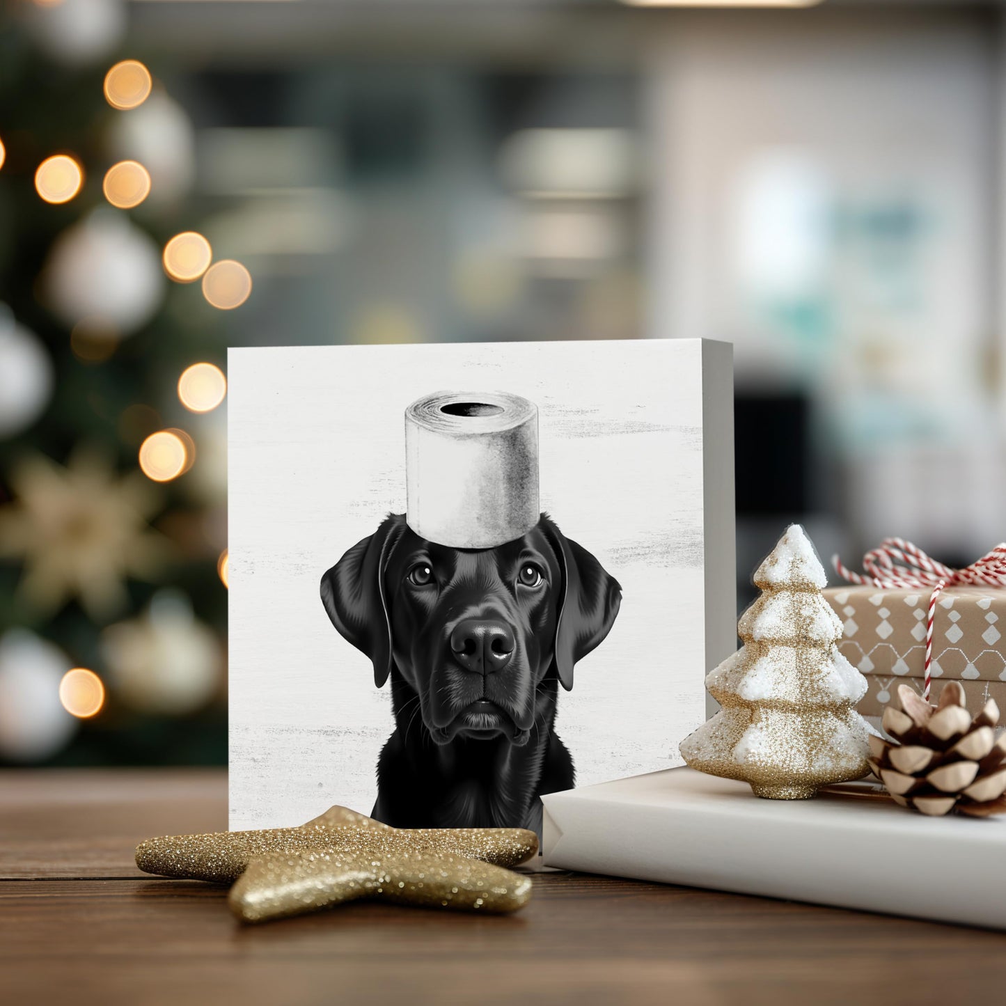 DAYOUER Black Labrador Bathroom Decor, Black Labrador Themed Gifts Wooden Box Sign, Funny Dog Wood Signs for Bathroom Toilet Restroom Counter Shelf Wall Decoration 5x5 Inch