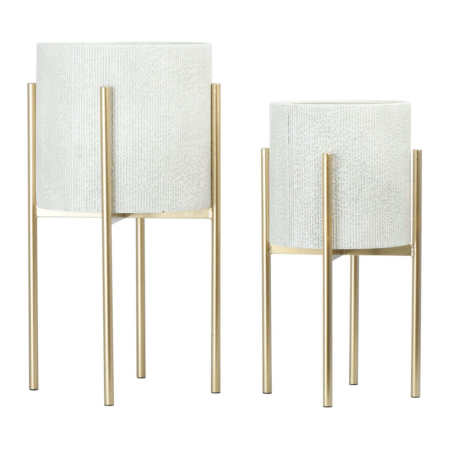 Main + Mesa Modern Boho Embossed Metal Planters with Stands, White and Gold, Set of 2 Sizes